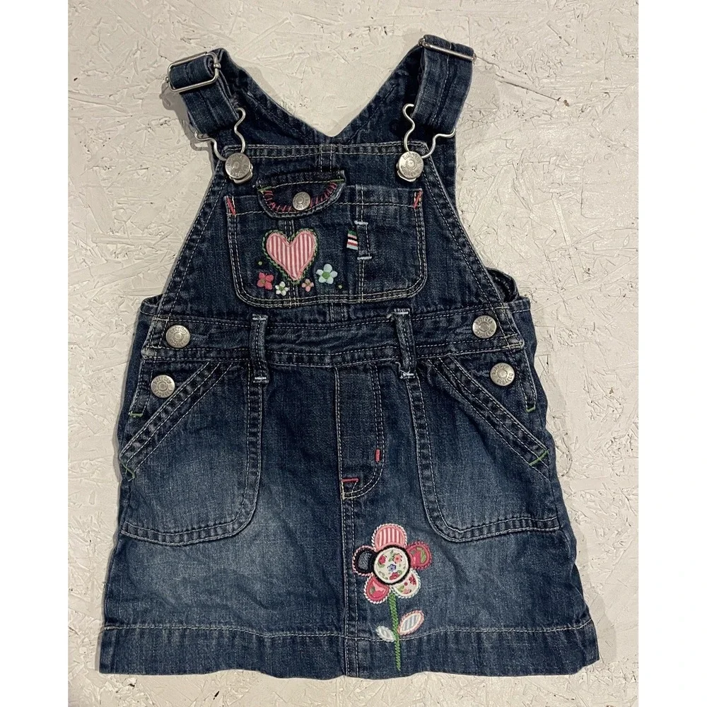VINTAGE BABY GAP Girls Y2K Embroidered Denim Overalls 6–12M Floral Cottagecore